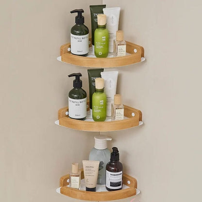 Étagère de douche d'angle blanche et bois blanc