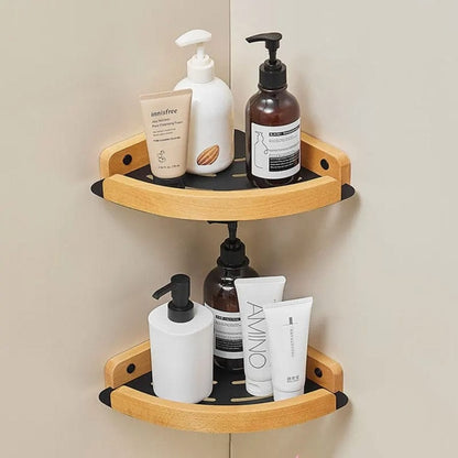 Étagère de douche d'angle noire et bois clair noir