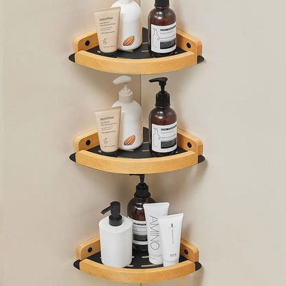 Étagère de douche d'angle noire et bois clair noir