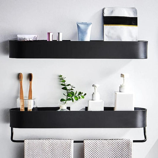 Étagère de douche noir arrondie avec porte serviettes