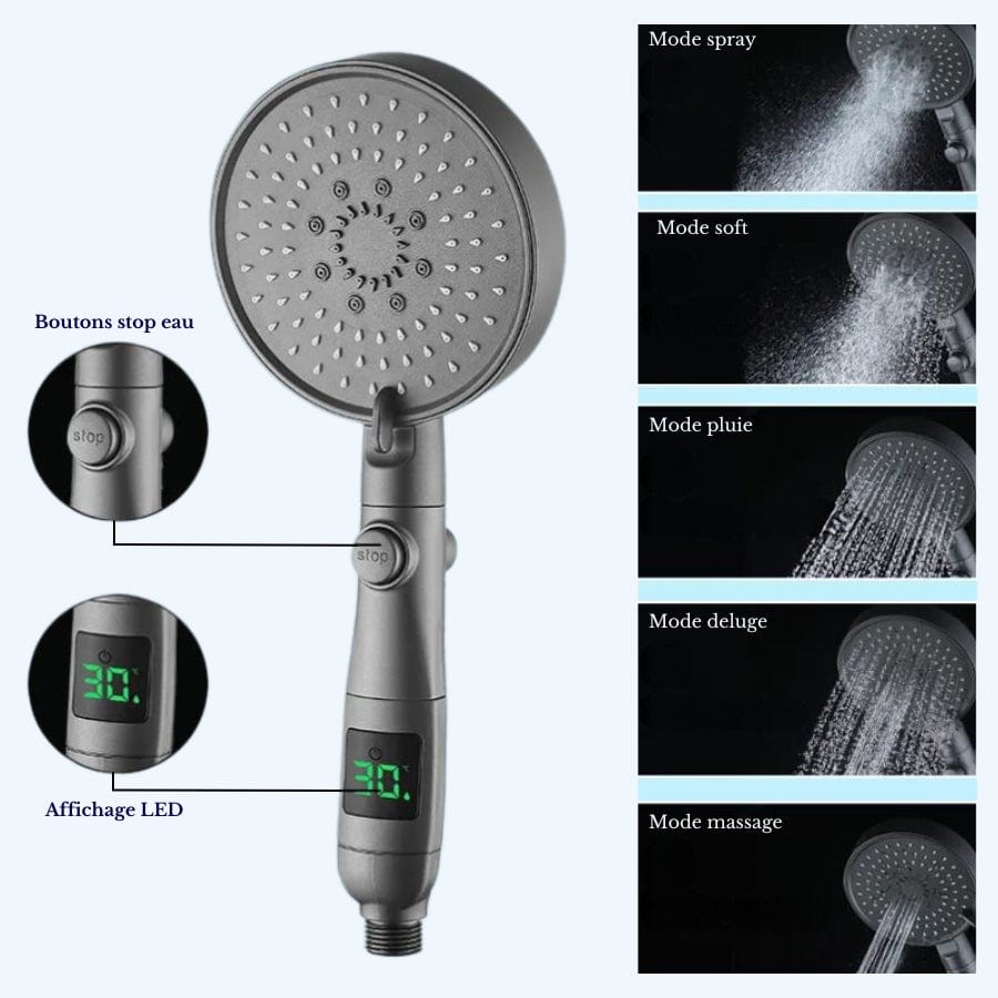 Pommeau de douche rond cinq modes contrôle de la température  Gris