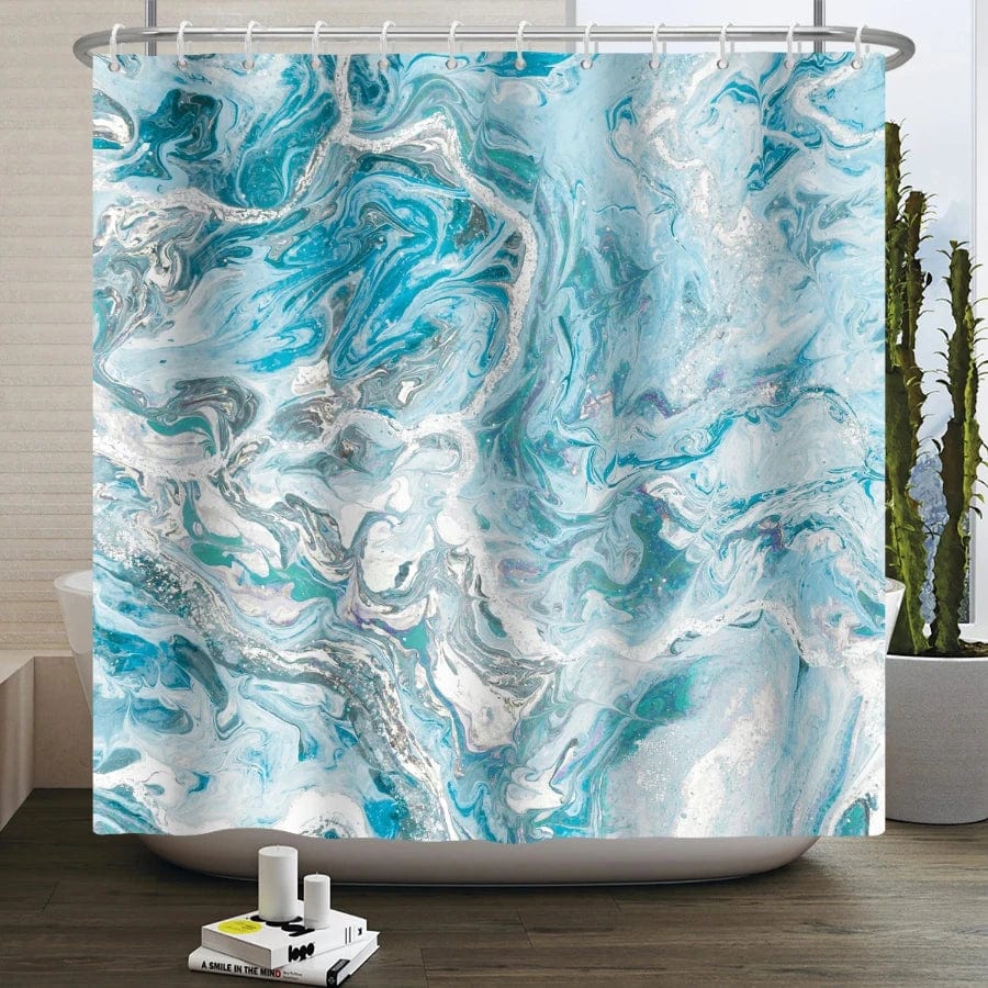 Rideau de douche aquarelle blanc / turquoise | Escale Douche