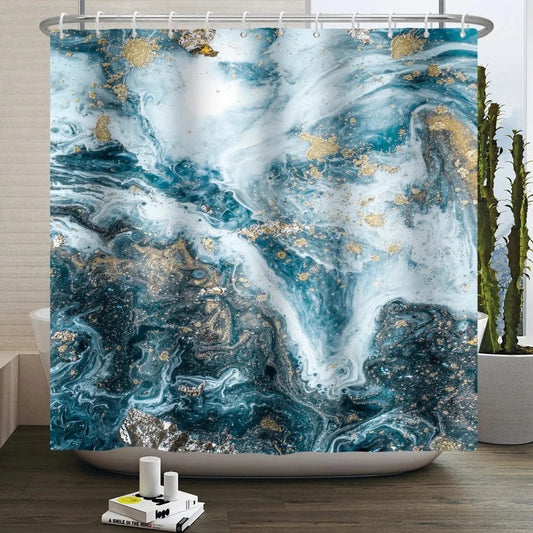 Rideau de douche aquarelle bleu / blanc / or | Escale Douche