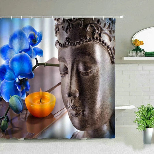 Rideau de douche zen bougie fleurs bleues | Escale Douche